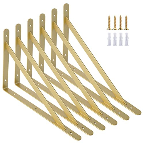 AddGrace Équerres pour étagère, 6 pièces, montage mural, vis incluses, avec supports triangulaires pour charges lourdes, équerres décoratives (Or) 15,2 cm