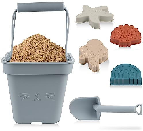SWAWIS 6 Pecices Sand Spielzeug Set, Blaugrau Weich Silikon Strand Spielzeug für Kleinkinder Jungen Mädchen, Sand Eimer, Schaufel, Meerjungfrau, Seestern, Muschel, Regenbogen Sandkasten Outdoor-Spiele
