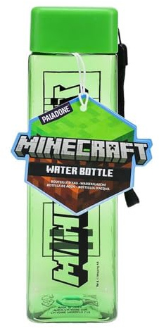 Paladone Minecraft Botella de agua de plástico cuadrada de viaje con correa para la muñeca, regalo para niños, 500 ml