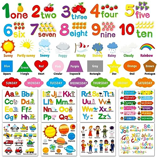 Alphabet Numbers Wall Decals 12 Sheets Color Weather Learning Educational Wall Stickers Peel and Stick Solar System Shape Decals for Kids Toddlers Classroom Playroom Bedroom Wall Decorations