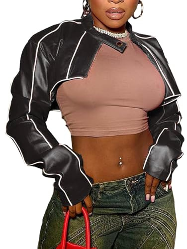 SEMATOMALA Women's Mock Neck PU Leather Crop Jacket Shrug Moto Biker Zip Up Faux Leather Slim Bolero Coat BL-M