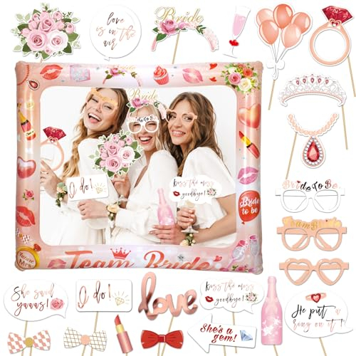 HOWAF 23pcs Rose Gold Hen Party Photo Booth Props - Giant Inflatable Team Bride Selfie Frame & Hen Night Do Party Games Accessories