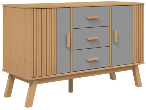 vidaXL Sideboard, Kommode mit 3 Schubladen 2 Fächern, Beistellschrank mit Holzbeine, Anrichte Mehrzweckschrank Schrank, Grau Braun Massivholz Kiefer