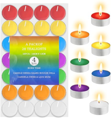 28 Stück Teelichter Kerzen Bunte Teelicht Farbig Farben, Sauber Brennende, Rauchfreie Farbigen Teelichter, Mini Teelicht Deko Kerzen Farbkerzen für Hochzeitszeremonien Bad Spa Halloween Weihnachten