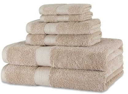 Amazon Basics 2 Bade, 2 Hand und 2 Waschlappenset aus Bio-Baumwolle, farbecht, 6 Stück, Taupe (76 x 137 cm, 40 x 66 cm, 30 x 30 cm)