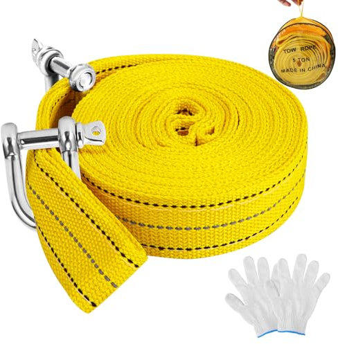 Abschleppseil, 4 Meter 5 Tonnen Hochfestes Abschleppseil für Abschleppdienst, mit 2 Sicherheits-D-Ring-Haken und 1 Paar Sicherheitshandschuhe