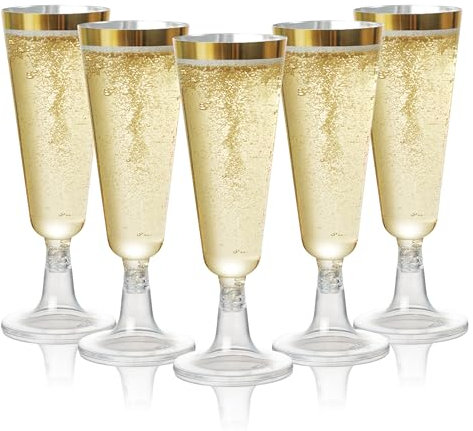 MATANA 24 Premium Elegant Plastic Champagne Flutes with Gold Rim, 150ml - Reusable Toasting Glasses, Cocktail Prosecco Glasses for Weddings, Birthdays, Christmas, BBQ, Parties