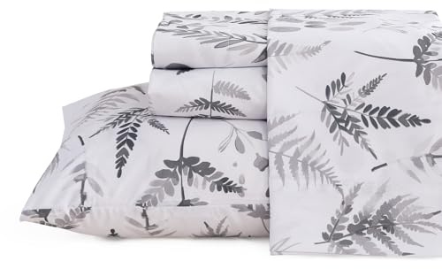 JSD Botanical Microfiber Full Sheet Set, 4 Piece, Black White Herbs Ferns, Deep Pocket, Extra Deep Pocket Fitted Sheet, Soft Brushed Microfiber, Envelope Closure Pillow Cases