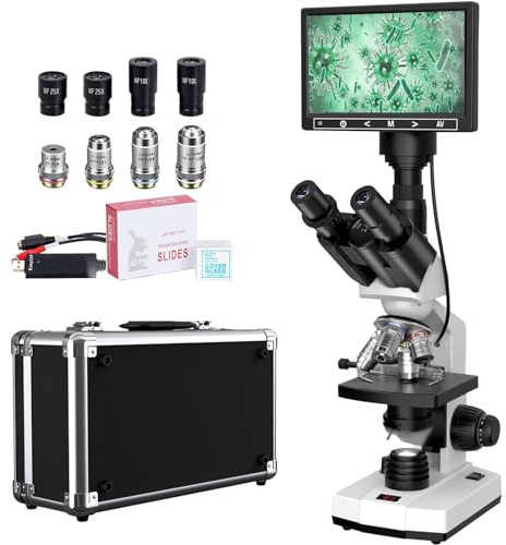 Research-Grade Lab Trinocular Compound Microscope for Adults with 40X-2500X Magnification, 7'' LCD Screen, Thermostat Mechanical Stage, Built-in 5MP Camera for Laboratory School (White)