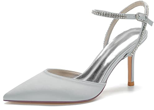 KUHAOFEU Scarpe Donna Eleganti, Decollete Donna, Slingback Tacchi Alti Punta a Punta Sandali da Sposa con Cinturino alla Caviglia,Argento,37 EU