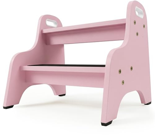 Stegpall för barn i massivt trä – 2 steg och halkfri – för badrum och kök – skandinavisk design – färg: rosa