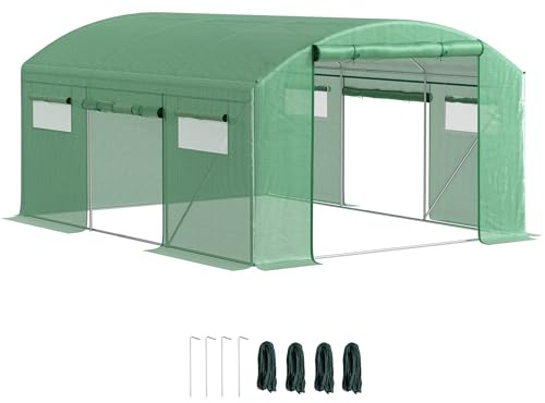 Outsunny Invernadero de Exterior 4x3x2 m Invernadero de Túnel con 6 Ventanas de Malla Cubierta de PE Anti-UV y 3 Puertas Enrollables con Cremallera para Jardín Patio Verde