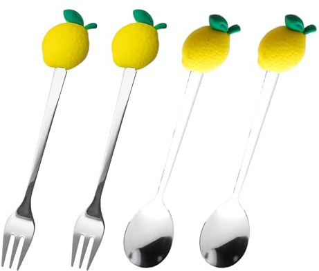 4 st fruktformade gafflar och skedar i rostfritt stål för att äta desserter frukter förrätt, kreativ middag gaffel och sked jordgubbsservis frukt julfest dekorationer (citron)