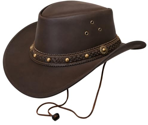 Pamposh Cowboy Hat for Men & Women - 100% Genuine Leather, Handcrafted Western Style, Durable & Lightweight with Adjustable Drawstring