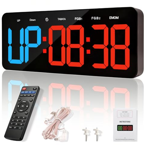 Manoive Temporizador de Gimnasio, 13 Grande Reloj de Pared Digital Temporizador de Intervalo LED con Countdown & Up Cronómetro, Brillo & Volumen Ajustable, Gym Timer con Control Remoto para Casa