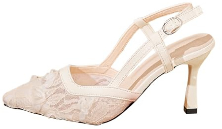 Generisch Zapatos de honda para mujer elegantemente decorados con encaje de filigrana - Zapatos de tacón con correa con tapa puntiaguda y tacón esculpido | Zapatos festivos para bodas y noches