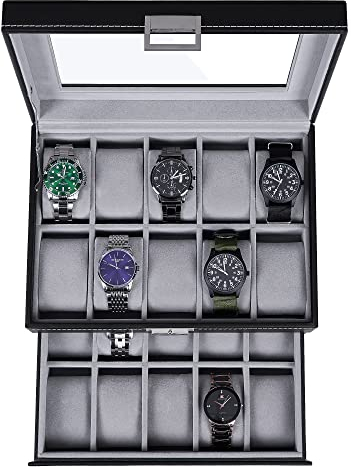 BEWISHOME Scatola per orologi 20 orologi, scatola per orologi da uomo, conservazione orologi su 2 livelli, scatola per orologi da uomo e da donna, cerniera in metallo, pelle PU nera SSH04B