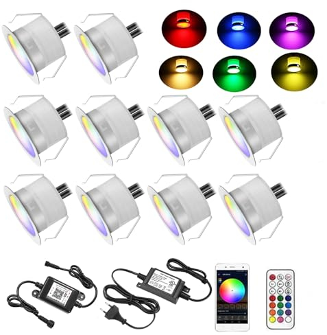 SUBOSI 10er WIFI RGB LED Bodeneinbauleuchten terrassenbeleuchtung Arbeitet mit Alexa, Google Home,DC12V Ø31mm IP67 Wasserdicht LED Einbaustrahler Terrassen Full Kit
