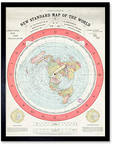 Artery8 Map Gleason 1892 World Time Calculator Flat Earth Art Print Framed Poster Wall Decor 12x16 inch
