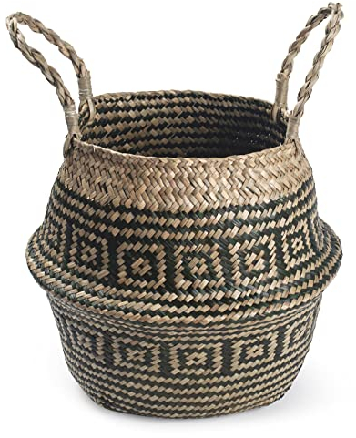 Cesta Mimbre Decoracion Naturales Cesta para Plantas Almacenaje Macetas Seagrass (Raya Negra)