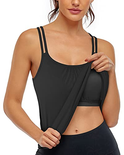 Hibelle Womens Tank Tops, Summer Casual Sports Bra Tank Top Yoga Workout Gym Zumba Exercise Clothes Activewear Built in Bras Tanks Morning Run Athletic Wear Black Black X-Large