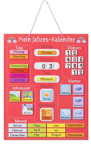 Navaris Kalender Tafel für Kinder - Lerntafel Jahreszeiten Uhr - Magnet Spiel Lernuhr - Kinderkalender Jahreskalender - magnetisch - rot - deutsch