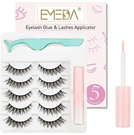 EMEDA pestañas postizas naturales con pegamento, 5 pares de pestañas de ojos de gato esponjosas Envase múltiple de pestañas postizas largas y gruesas con pegamento y aplicador (A9)