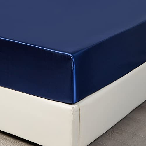 Nayoroom Spannbettlaken Satin 140x200cm Blau Seide Glanzsatin Glatt und Bequem Microfaser Spannbetttuch Bettlaken für Boxspringbett Topper Matratze bis 25 cm