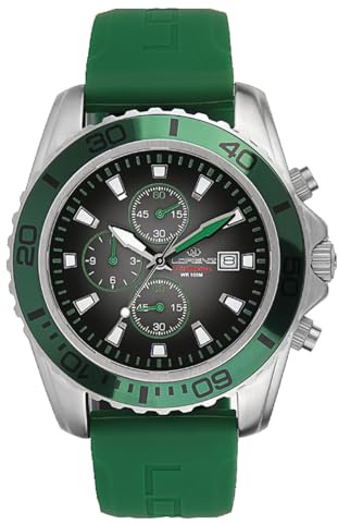 Lorenz 026117GR - Chronographe sportif à quartz - Montre avec bracelet en caoutchouc vert - Plongeur jusqu'à 100 mètres