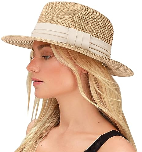 DRESHOW Damen Panama Hut Breiter Krempe Stroh Sommer Fedora Strohhut Panama Aufrollen Hut Strand Rollbar UV Sonnenhut UPF 50 +