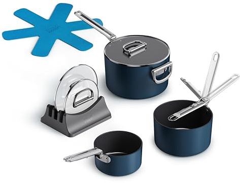 Joseph Joseph Space 3pc Non-Stick Saucepan Set, Space-Saving Nesting Pans with Folding Handles & Ceramic Coating