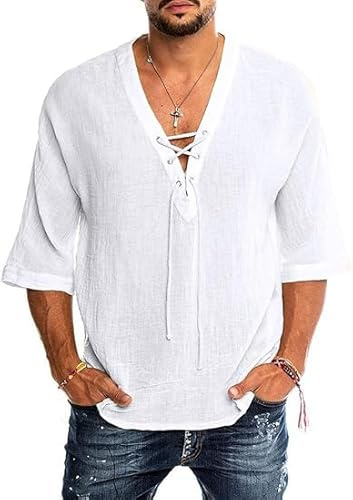 Runcati Camicia in lino, da uomo, a maniche corte, estiva, da uomo, per il tempo libero, con scollo a V, vestibilità larga, vintage, medievale