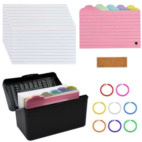 CAREDGO Karteikarten Box Karteikasten Schwarz Lernkarteikarten Vokabelkarten Box 14.5 * 9 * 8.5cm Karteikarten Schachtel Lernkarteibox mit 325 karten, 8 ringe, 1 Etiketten aus Kiefer für Büro Notizen