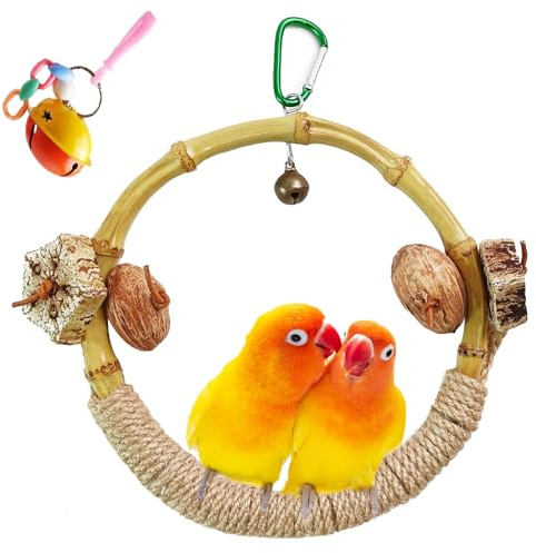 MUYG Circle Bird Swing with Bell,Bamboo Parakeet Rope Perches for Cage Ring Bird Swings Chewings Nuts Toys for Parrots Cockatiels Lovebirds Budgie