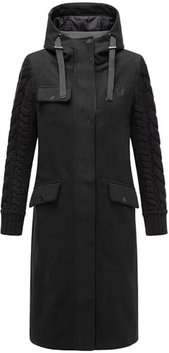 Navahoo Damen warmer Trenchcoat in Woll-Optik mit Strick-Ärmeln und Kapuze Knit Babe 14 Black Gr. L