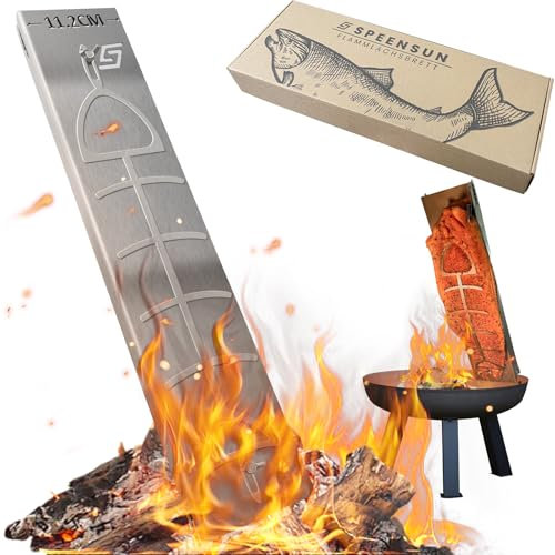 Flammlachsbrett Edelstahl für Halbe Lachs bis 11cm Breite | mit fest montierter Mutter-Einfache Haltergräte | 5-justierbare Winkel | flammlachshalter für Feuerschale bis 3mm Wandstärke(1 STK.)