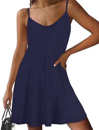 florynova Summer Dresses for Women Spaghetti Strap Sundress Casual Sleeveless Beach Dress with Pockets(Navy Blue,L)