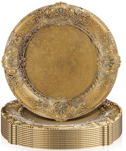 Mifoci Antique Gold Charger Plates Set of 12 Plastic Gold Chargers for Dinner Plates Decorative 13 Round Plate Bulk with Embossed Rim for Dinner, Party, Wedding(Classic)