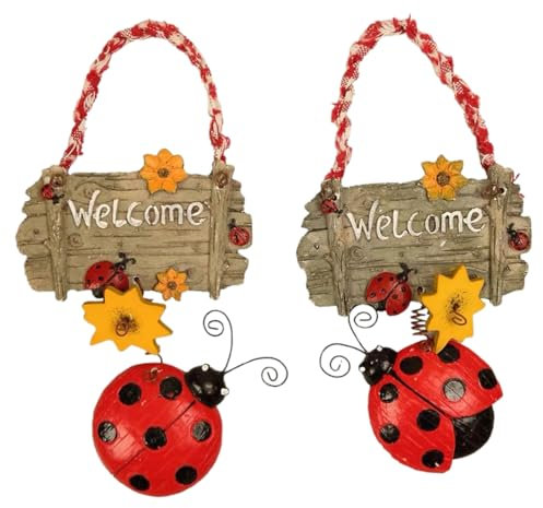 Paquete de 2 carteles de bienvenida colgantes para interiores y exteriores, decoración de puerta de entrada con forma de mariquita para el jardín del hogar, panel de puerta personalizado