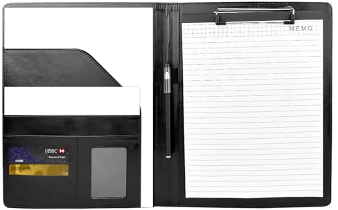Comzantor Porte Documents A4, Porte Document Porte Bloc avec Pince, Pochette Conférencier, Portfolio A4 en Cuir PU, Multifonction Porte Bloc-Notes pour Bureau, Agenda, Conférence (Noir)