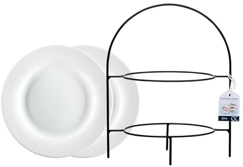 Ritzenhoff & Breker Tjäna Etagère 2-stufig mit Tellern, 28 cm, Servierturm inkl. 2 Dessertteller Sofia (20 cm), Spülmaschinenfest, Metall/Porzellan, Schwarz-Weiß