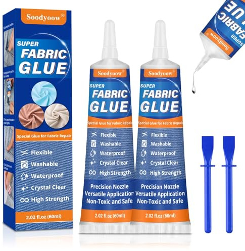 Soodyoow 120ML Colla Tessuto, 2PCS 60ML Colla per Tessuti Resistente ai Lavaggi e Impermeabile per Cotone, Flanella, Denim, Poliestere e Riparazione di Bambole