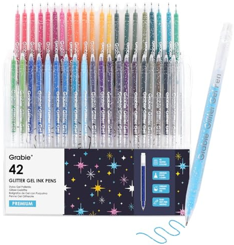 Grabie 42 couleurs Set de stylos gel pailletés à capuchon, pointe moyenne 1,0 mm, pointe roller lisse, stylos gel métalliques scintillants pour colorier, set de 42 couleurs