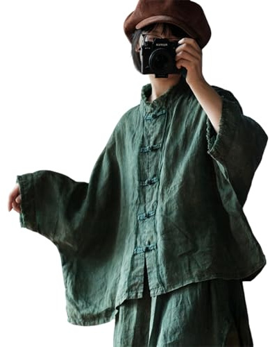 Traditional Chinese Style Button-Up Blouse, Mandarin Collar, Wide Sleeves, Available in Cream, Pink Floral, Green (US, Alpha, One Size, Regular, Regular, Green)