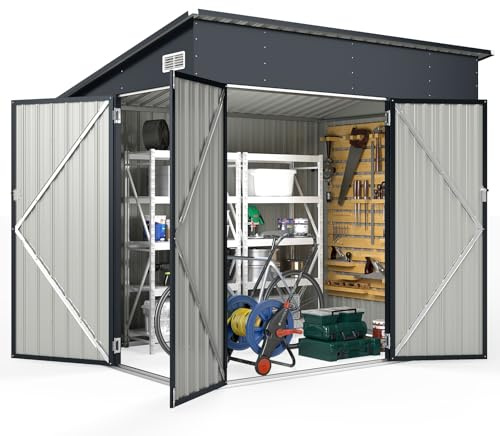 GOPLUS Gerätehaus Metall, 7,13 m³ Geräteschuppen mit 3 Türen, Gartenhaus mit Schrägdach, Schloss & Schlüssel, Gartenschuppen abschließbar, Gartenhütte für Hof, Terrasse & Rasen (225 x 161 x 197 cm)