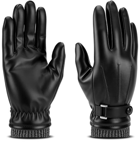 KAKALATLJ Black Leather Gloves Men, Driving Gloves for Men, PU Leather Winter Gloves Touchscreen and Waterproof for Driving Climbing Motorcycle