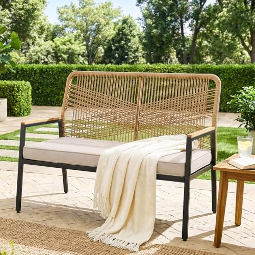 LIFERUN 2-Seater Garden Bench, Outdoor Sofa with 8cm Seat Cushion, Rattan Rope Backrest, WPC Armrests, Metal Frame & Adjustable Feet, Loveseat for Garden Balcony Backyard (Beige, 115×60×94.5cm)