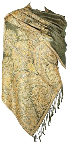Achillea Luxurious Double Layered Jacquard Big Paisley Pashmina Shawl Wrap Scarf Stole - Green -