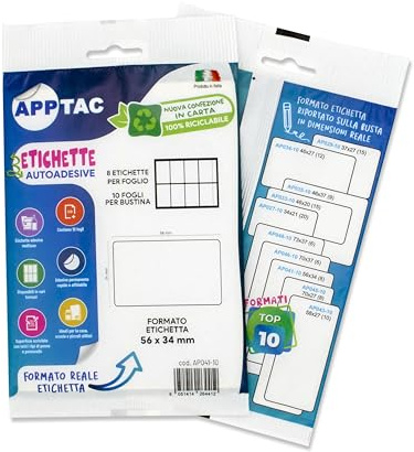 Alevar 200 Etichette Adesive Multiuso con Angoli Arrotondati, Formato 34x21 mm, 20 Etichette Bianche per Foglio, Confezione da 10 Fogli