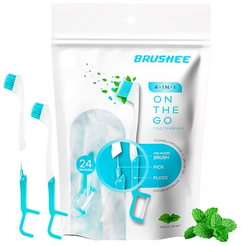Brushee 4-i-1 Engångständborstar med Tandkräm 120 | Mini tandborste med tandkräm, tandtråd och pick, inget vatten behövs, individuellt förpackad, under resan, 120-pack